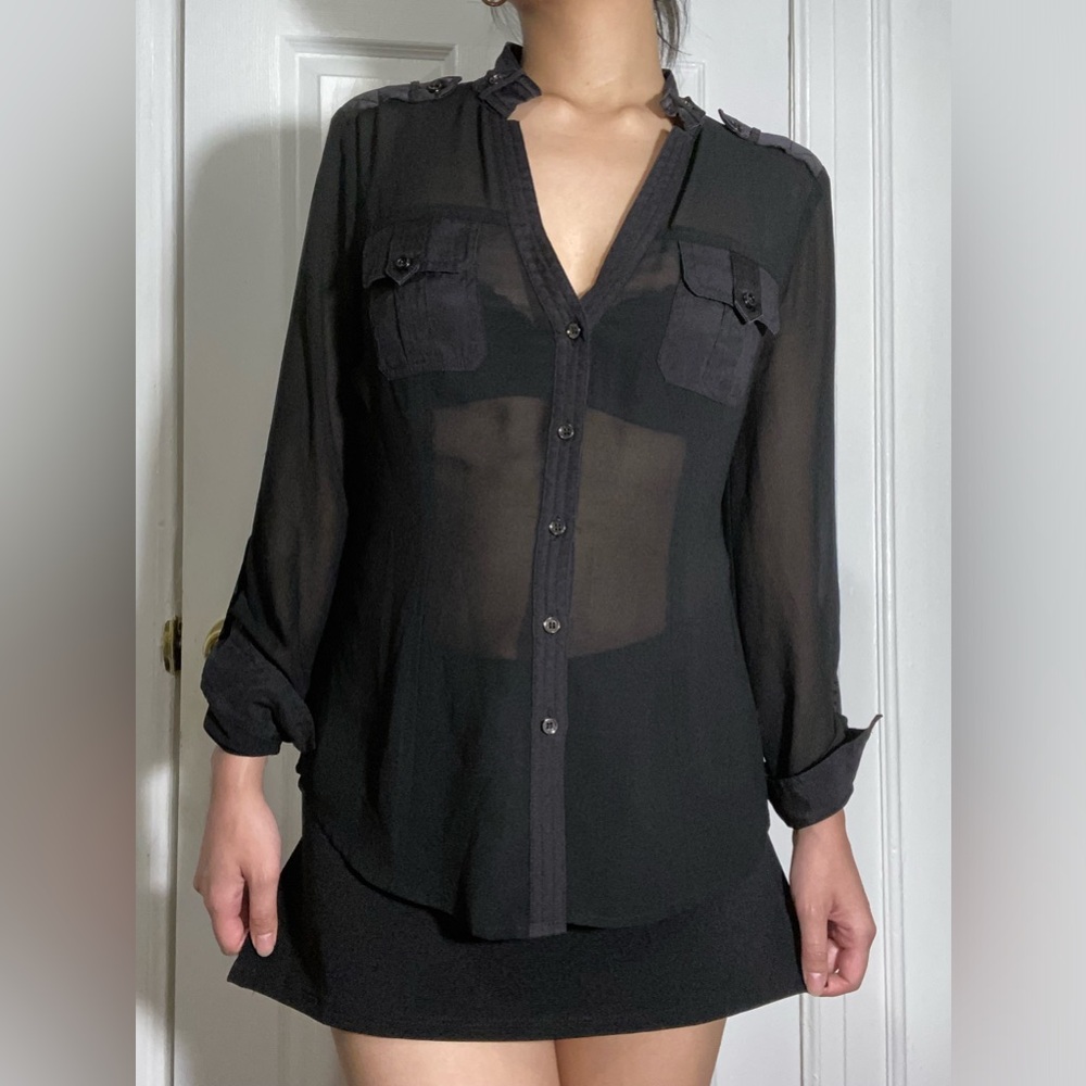 Vintage Y2K Cache Black Long Sleeve Button Down Silk Trim Top